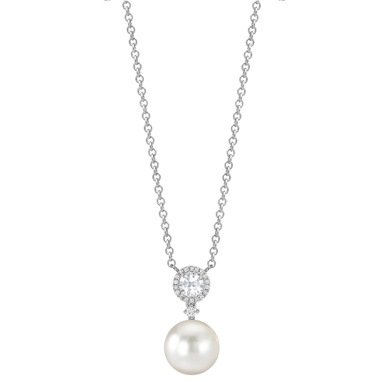 Pearl, White Topaz and Diamond Pendant in White Gold