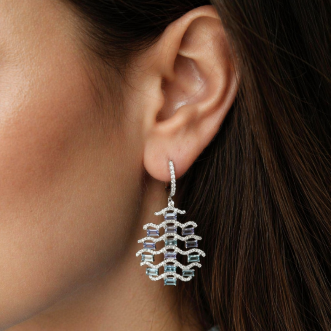 Wings Over Water Graduated Tanzanite, Aquamarine and Diamond Wave Detail Earrings