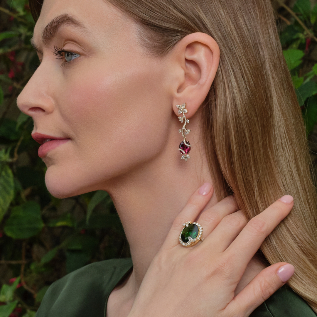 Thorns & Roses Pink and Green Tourmaline and Diamond Vine Earrings