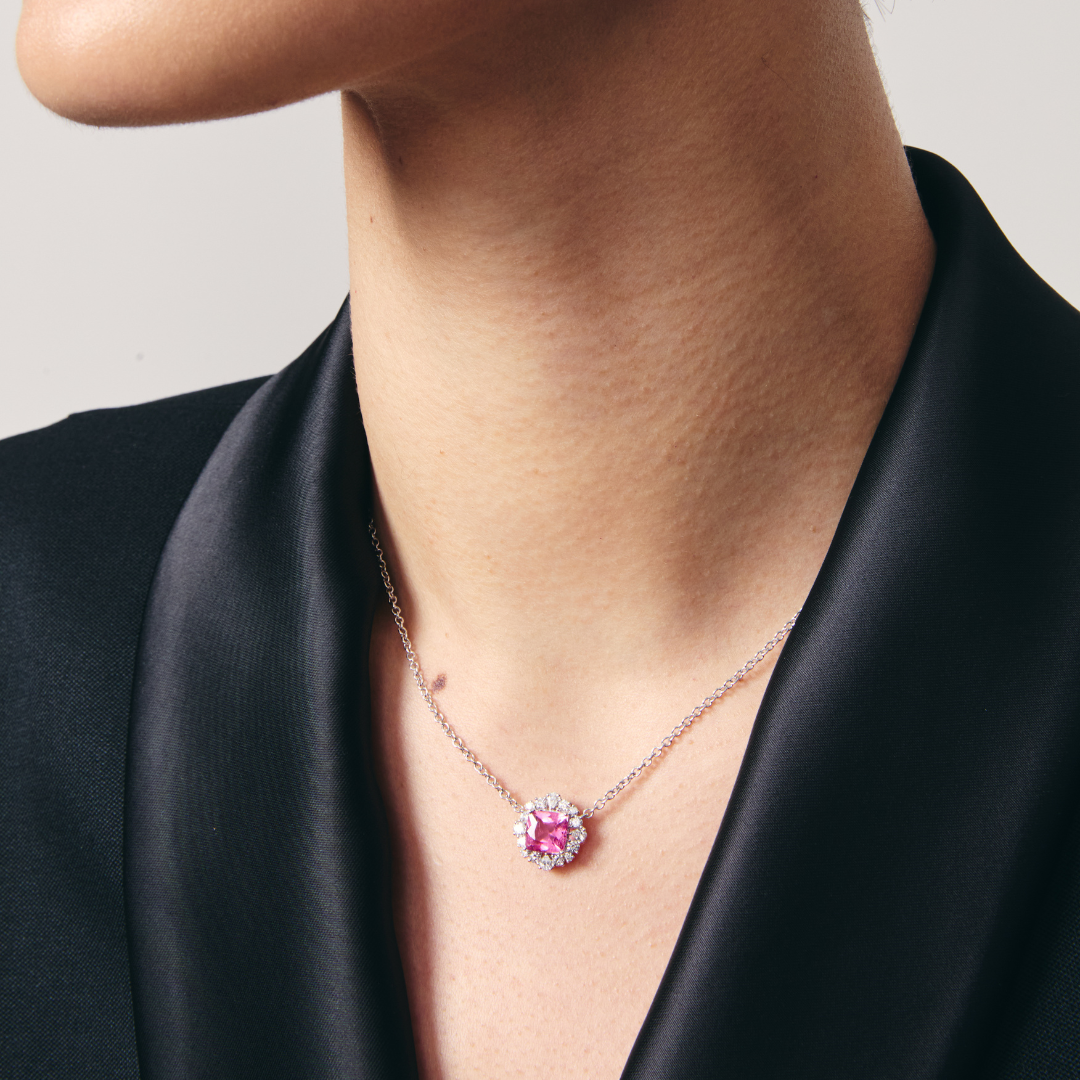 Special Editions Pink Tourmaline and Diamond Halo Necklace
