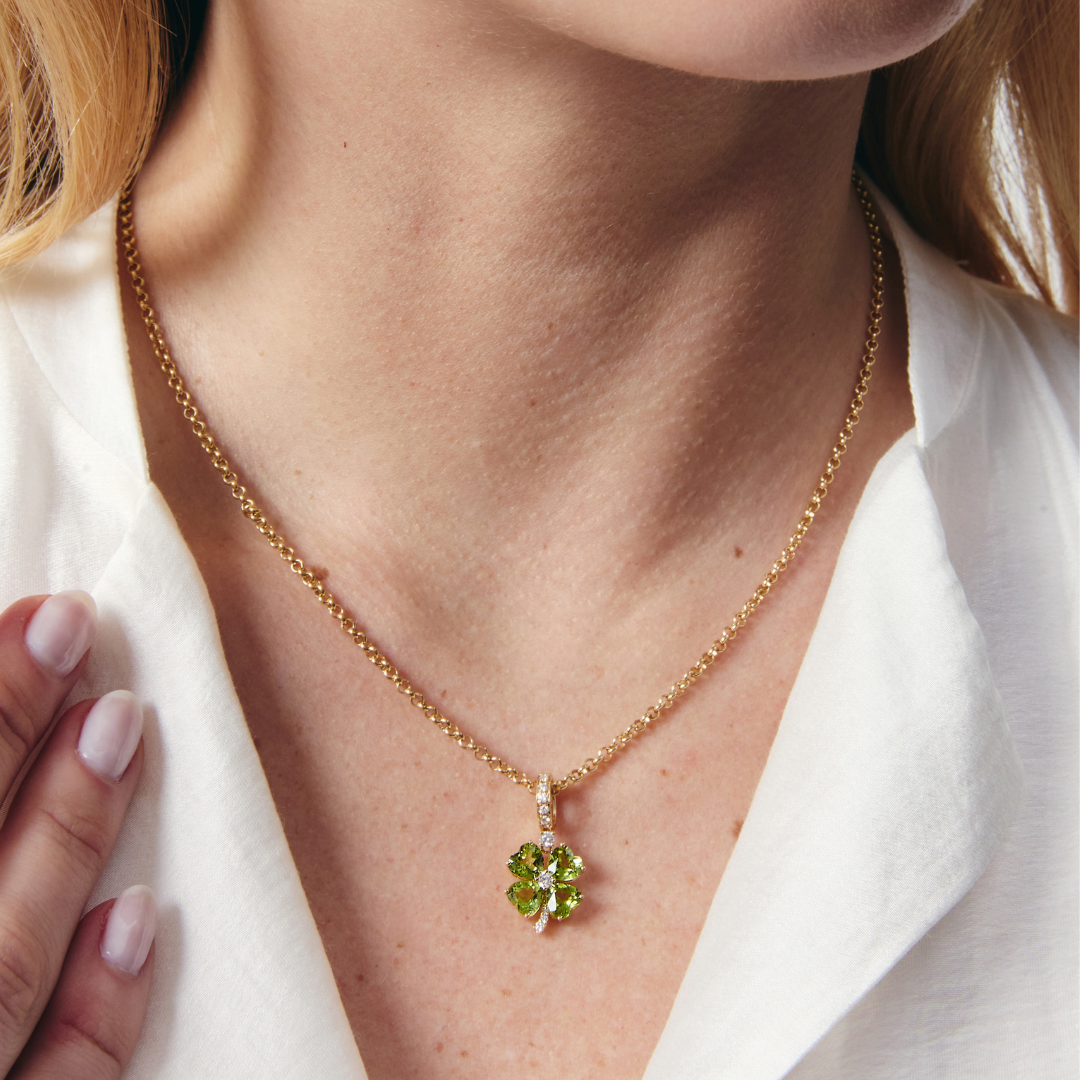 Detachable Peridot and Diamond Four-Leaf Clover Pendant