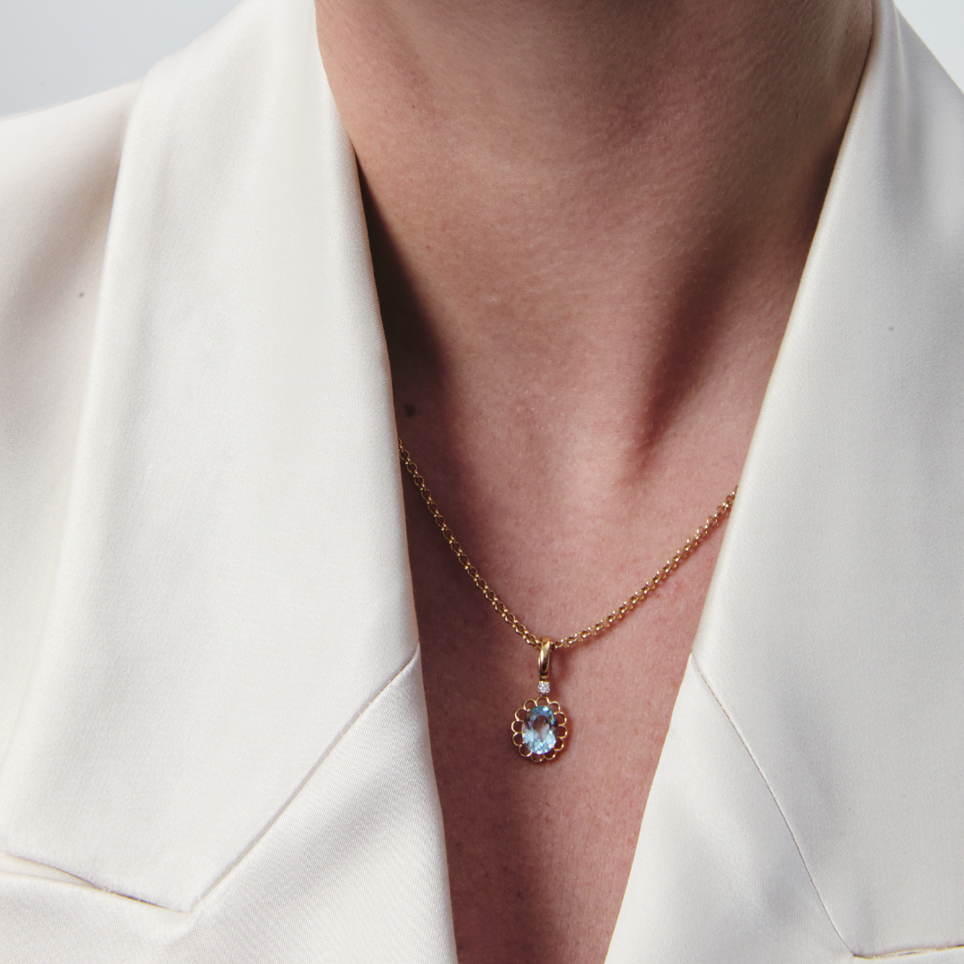 Detachable Oval Blue Topaz and Gold Scallop Frame Pendant