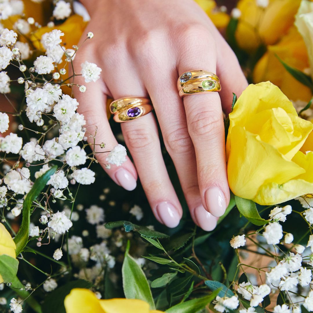 Everyday Gold Blue Topaz and Fire Opal Double Band Ring