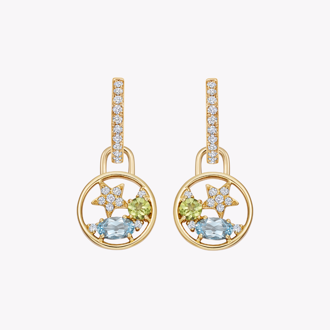 Fireworks Blue Topaz, Peridot and Diamond Cluster Drops