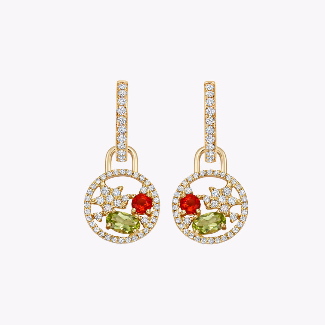 Fireworks Peridot, Fire Opal and Diamond Surround Cluster Drops