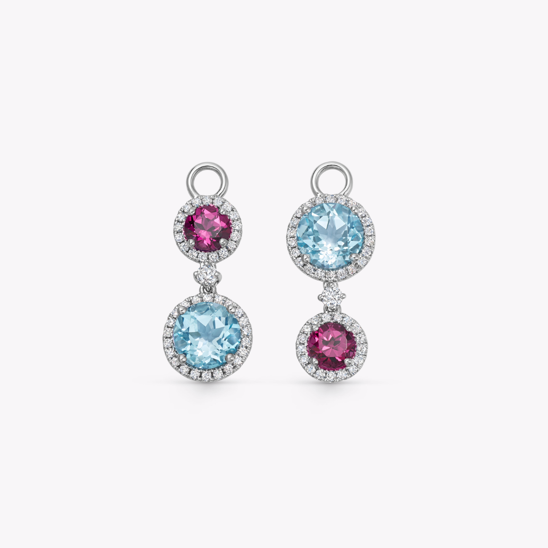Blue Topaz, Rhodolite Garnet and Diamond Surround Mismatched Detachable Drops