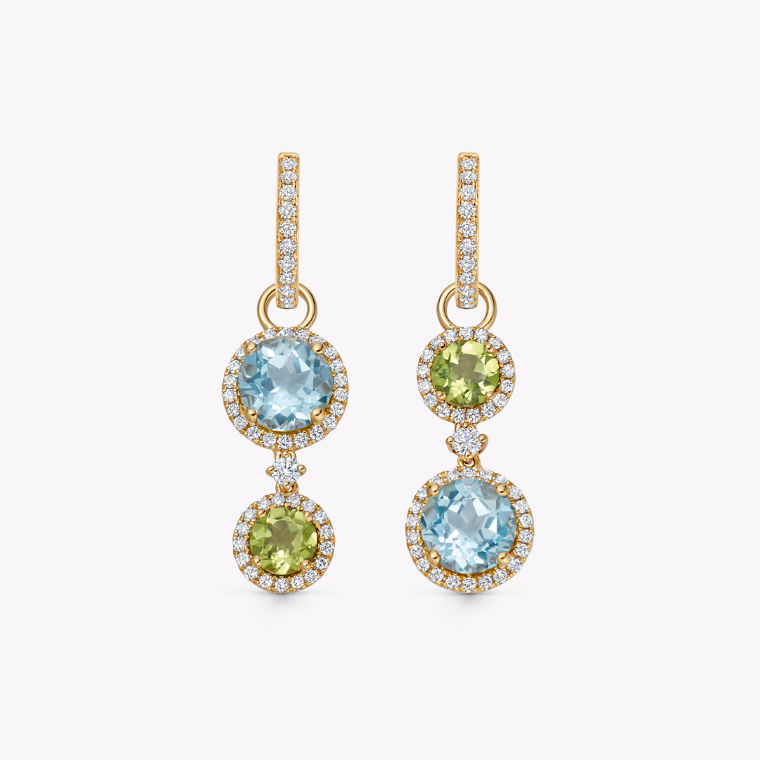 Blue Topaz, Peridot and Diamond Surround Mismatched Detachable Drops