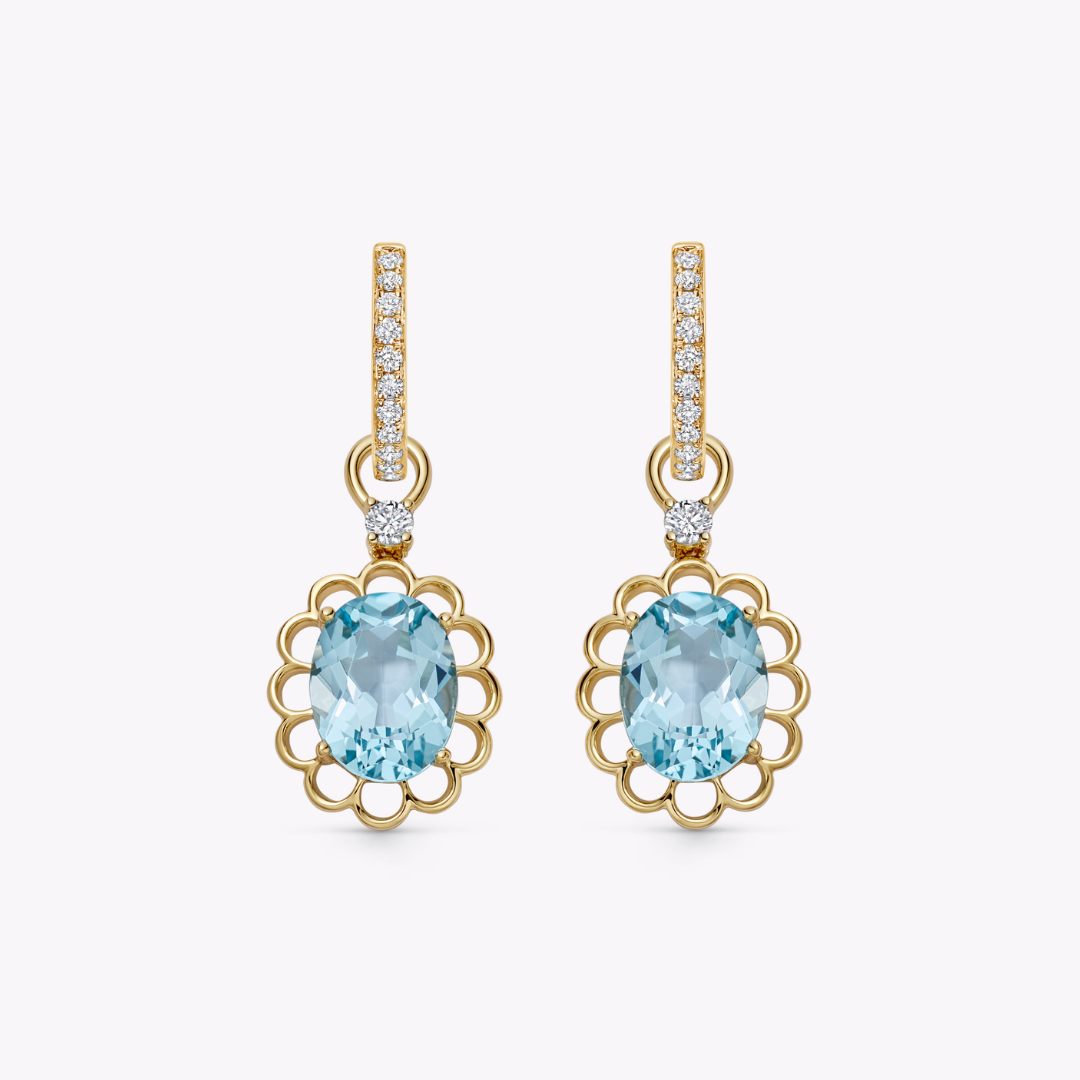 Oval Blue Topaz and Gold Scallop Frame Detachable Drops