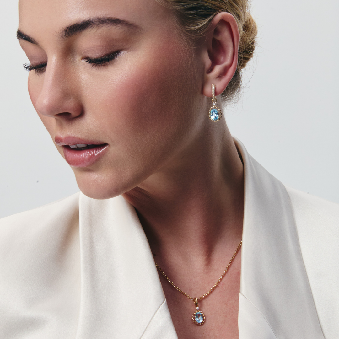 Oval Blue Topaz and Gold Scallop Frame Detachable Drops