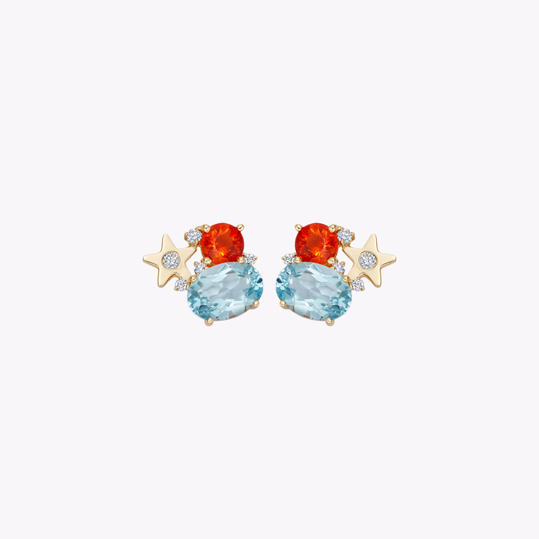 Fireworks Blue Topaz, Fire Opal and Diamond Cluster Stud Earrings