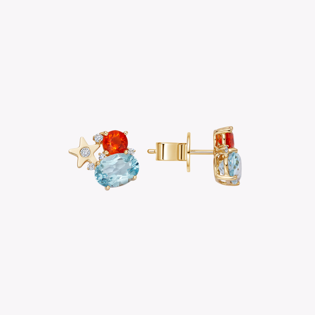 Fireworks Blue Topaz, Fire Opal and Diamond Cluster Stud Earrings