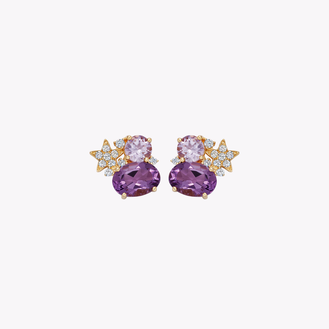 Fireworks Amethyst and Diamond Cluster Stud Earrings