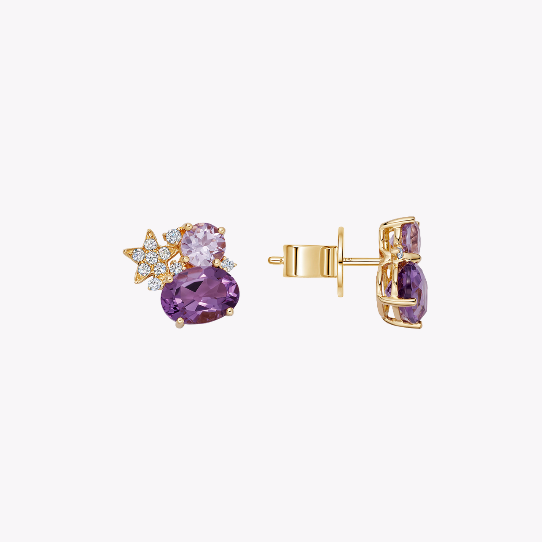 Fireworks Amethyst and Diamond Cluster Stud Earrings