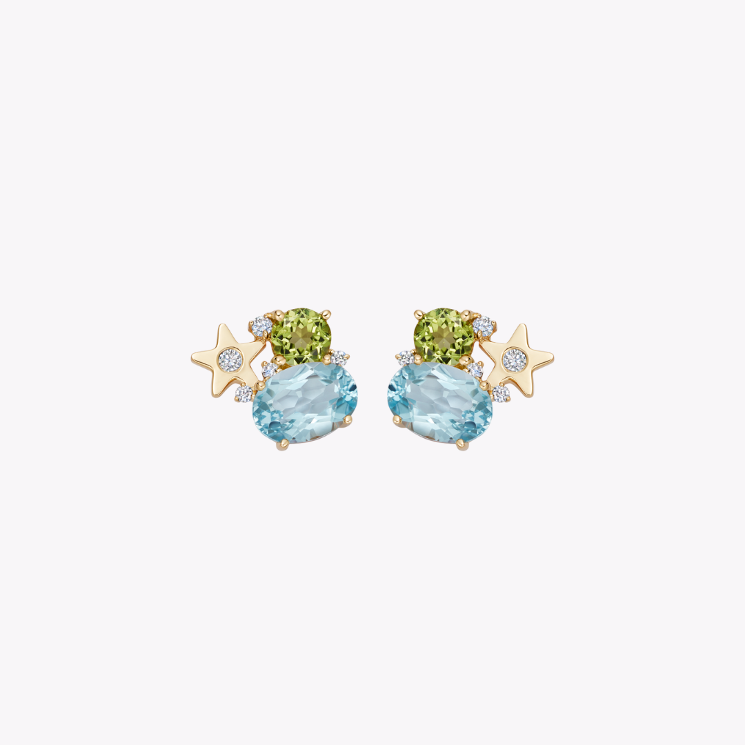 Fireworks Blue Topaz, Peridot and Diamond Cluster Stud Earrings