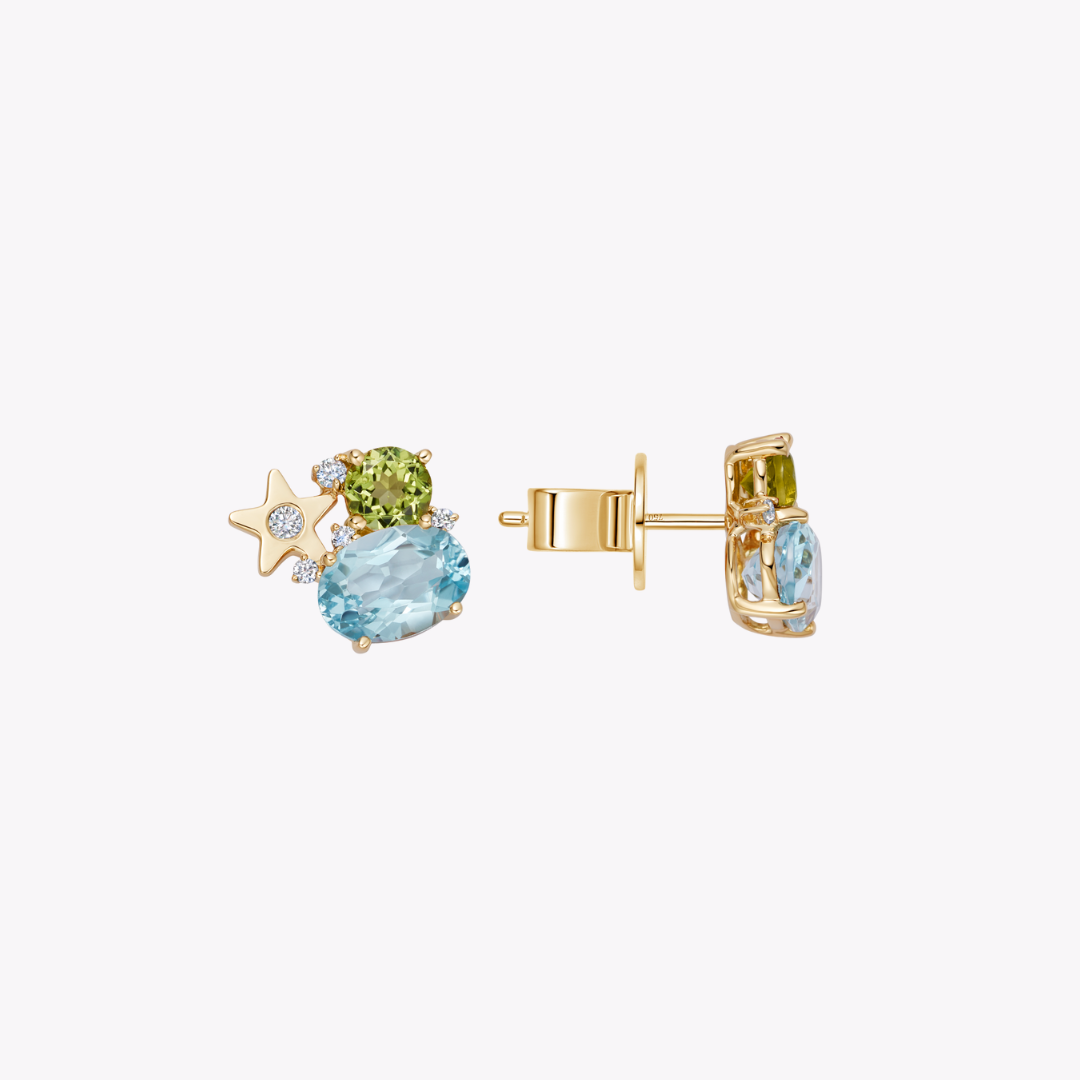 Fireworks Blue Topaz, Peridot and Diamond Cluster Stud Earrings