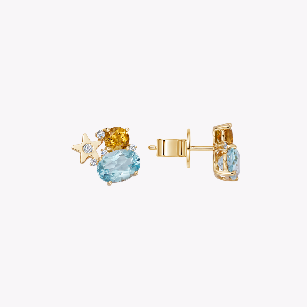 Fireworks Blue Topaz, Citrine and Diamond Cluster Stud Earrings