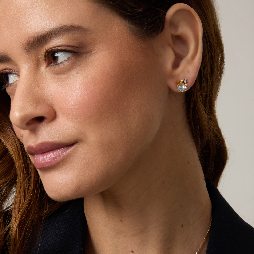 Fireworks Blue Topaz, Citrine and Diamond Cluster Stud Earrings