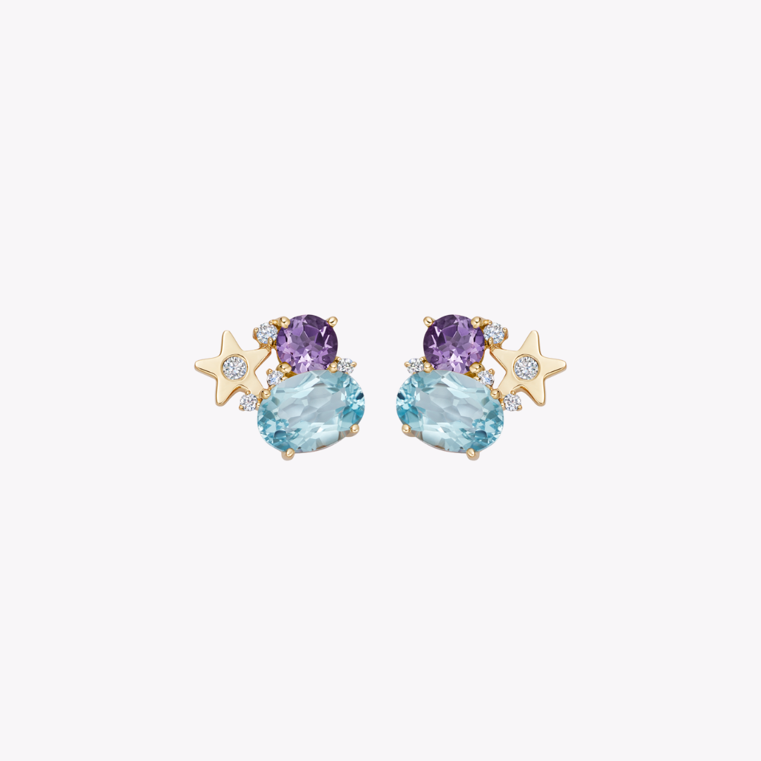 Fireworks Blue Topaz, Lavender Amethyst and Diamond Cluster Stud Earrings