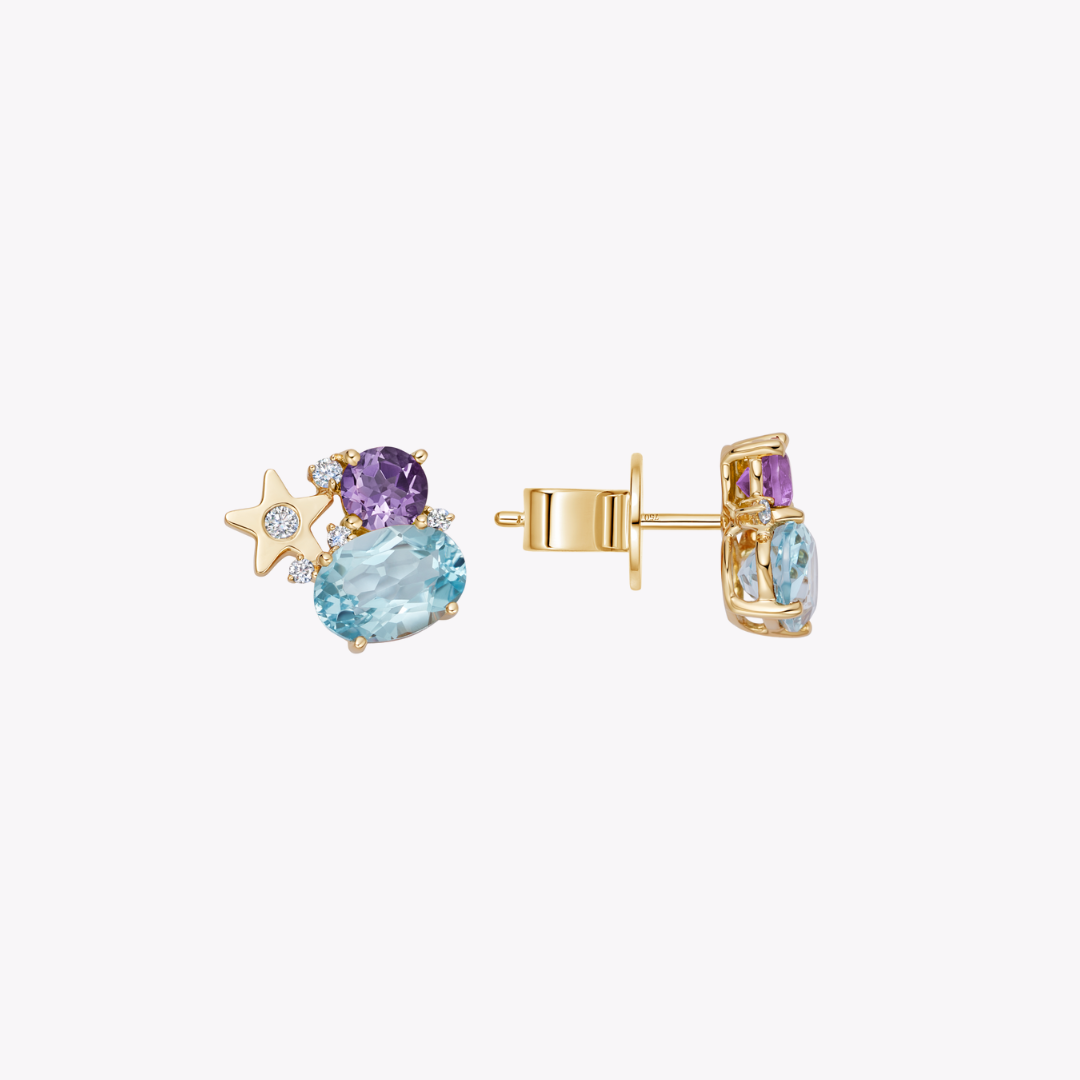 Fireworks Blue Topaz, Lavender Amethyst and Diamond Cluster Stud Earrings