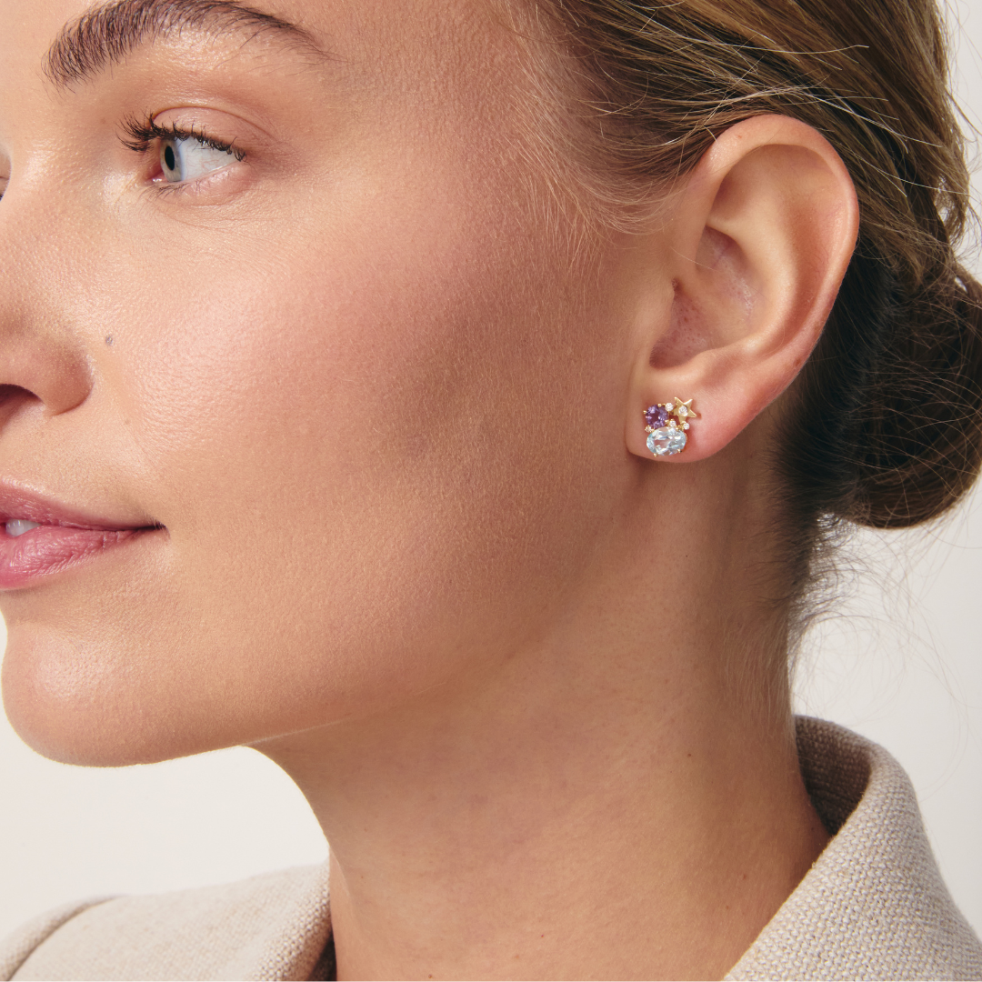 Fireworks Blue Topaz, Lavender Amethyst and Diamond Cluster Stud Earrings