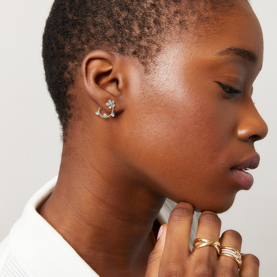 Petals Blue Topaz and Diamond Curl Earrings