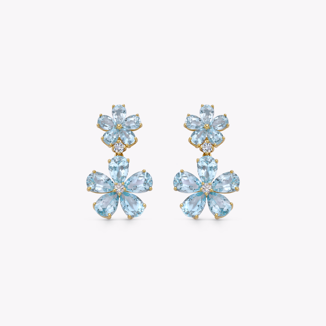 Petals Double Flower Blue Topaz and Diamond Earrings