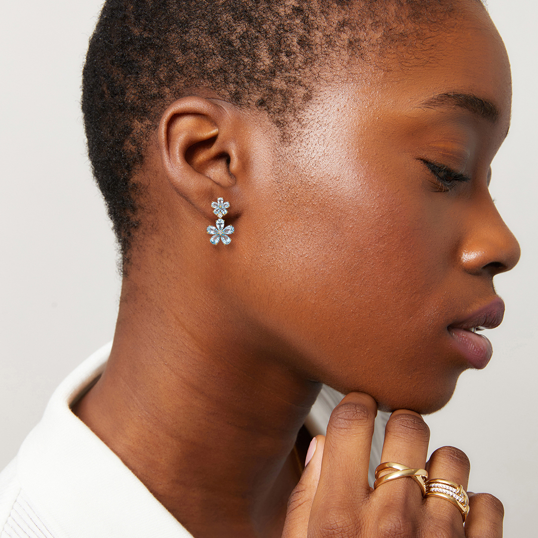 Petals Double Flower Blue Topaz and Diamond Earrings