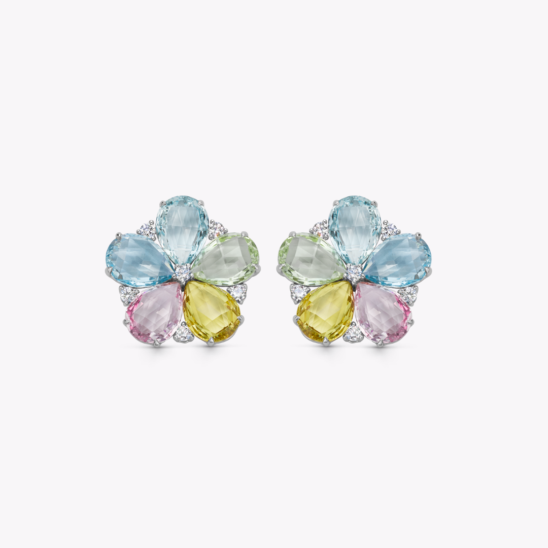 Multi Colour Beryl and Diamond Flower Earrings