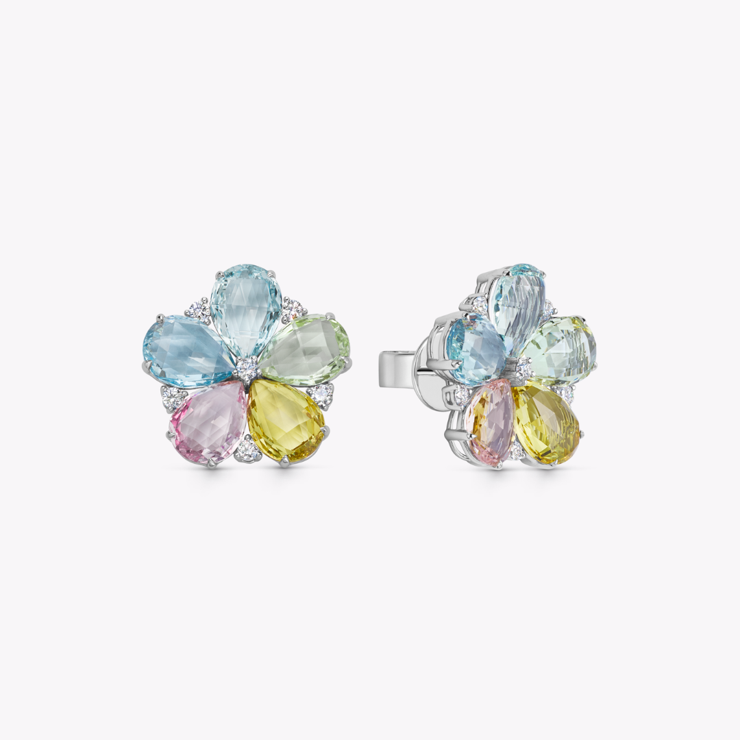 Multi Colour Beryl and Diamond Flower Earrings