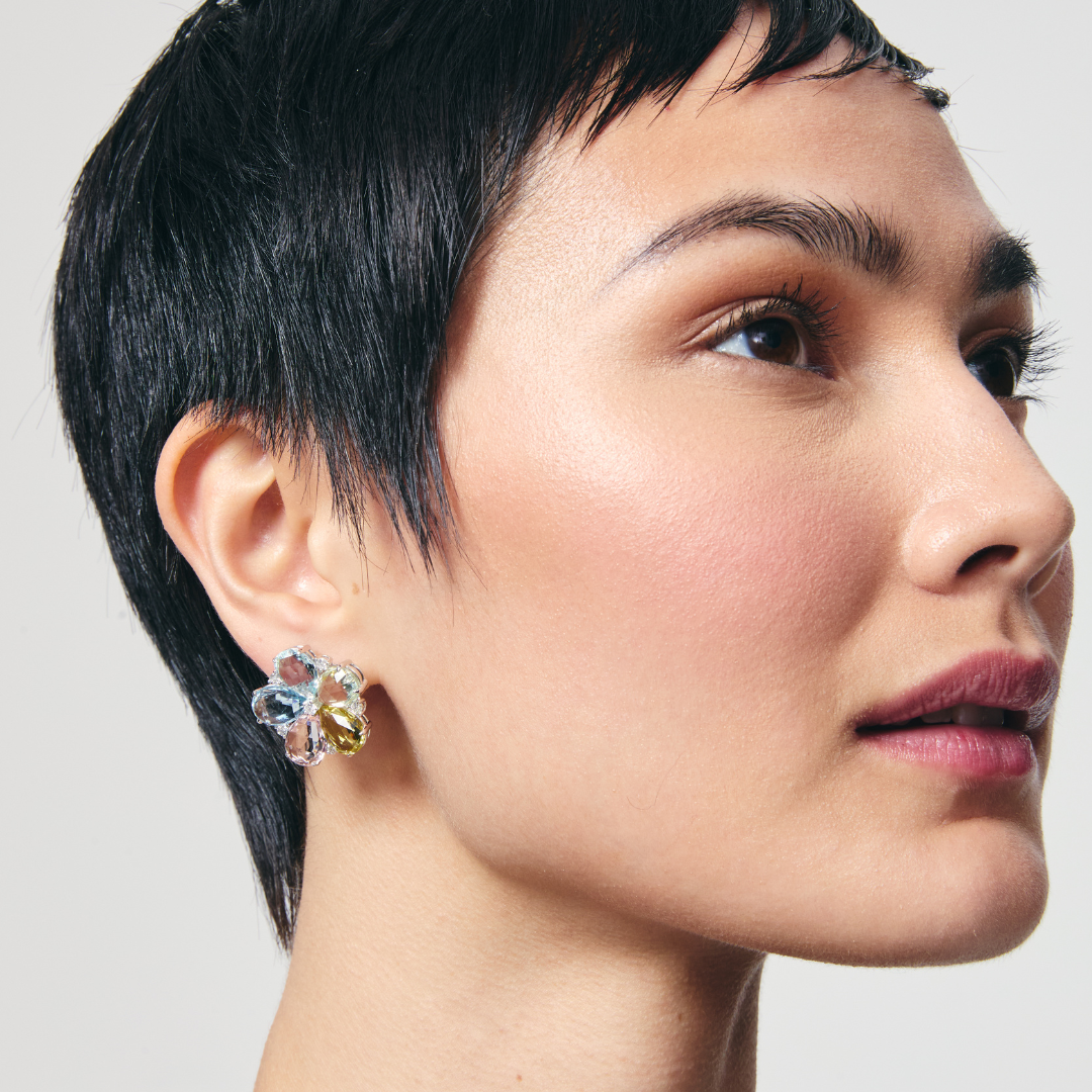 Multi Colour Beryl and Diamond Flower Earrings