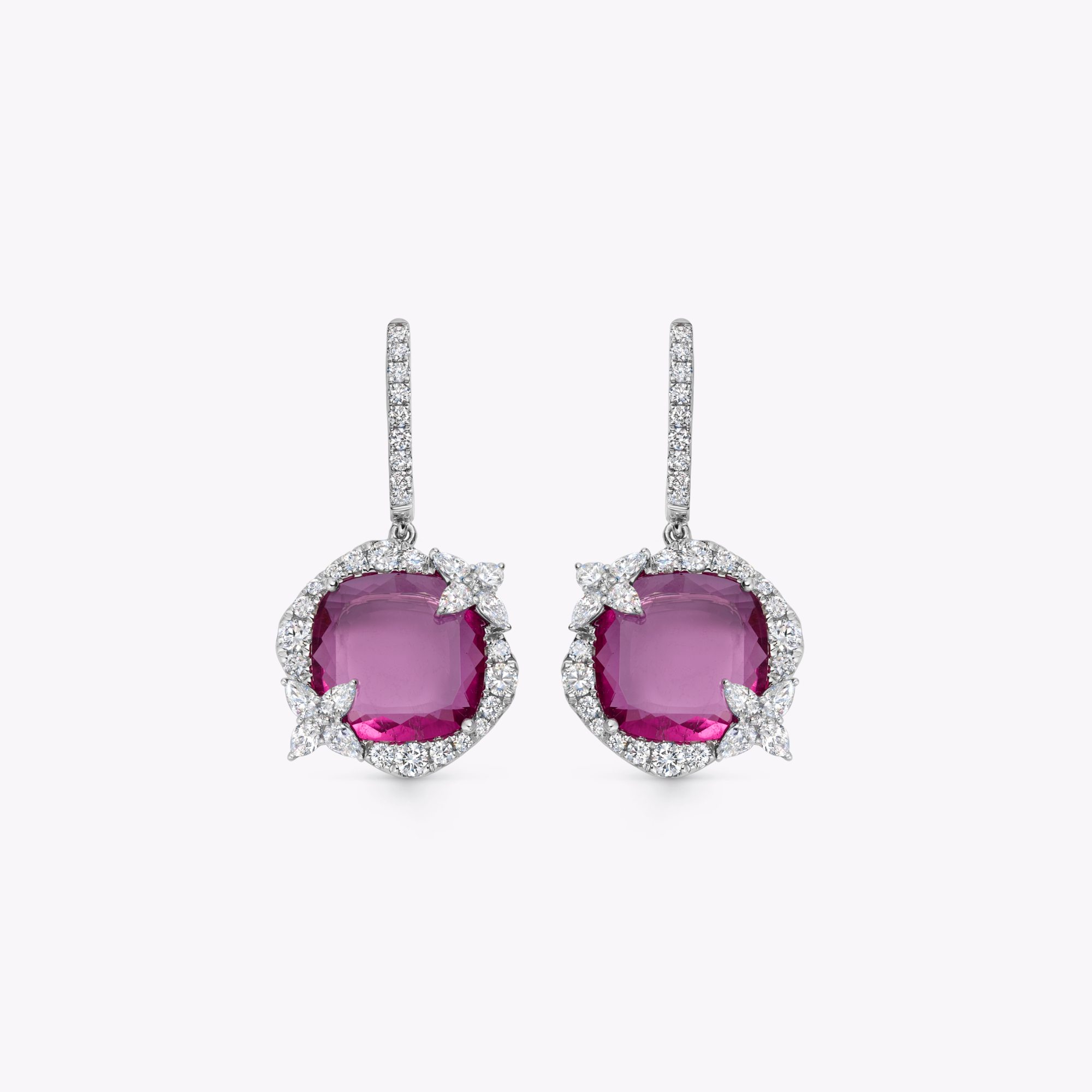 Thorns & Roses Cushion Rubellite and Diamond Hoop Earrings