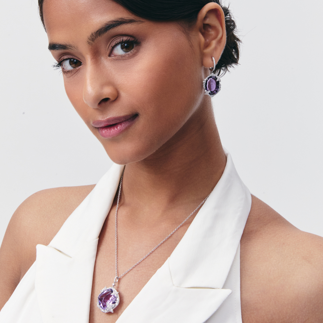 Thorns & Roses Oval Amethyst and Diamond Hoop Earrings