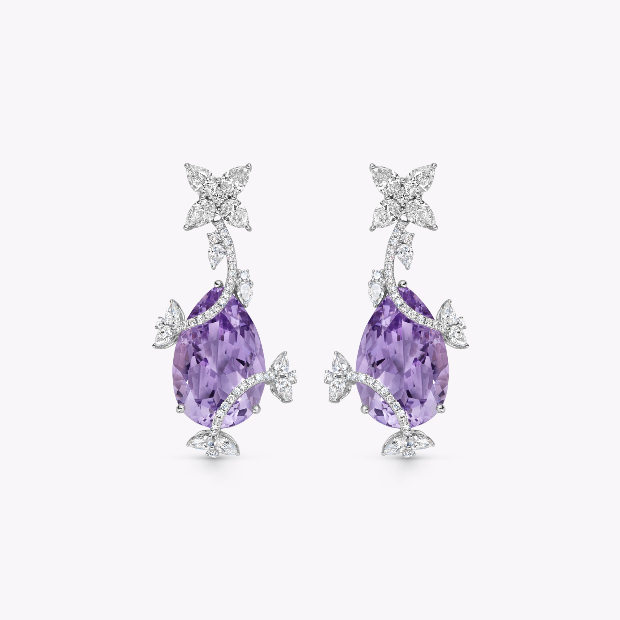 Thorns & Roses Pear Lavender Amethyst and Diamond Vine Wrap Earrings