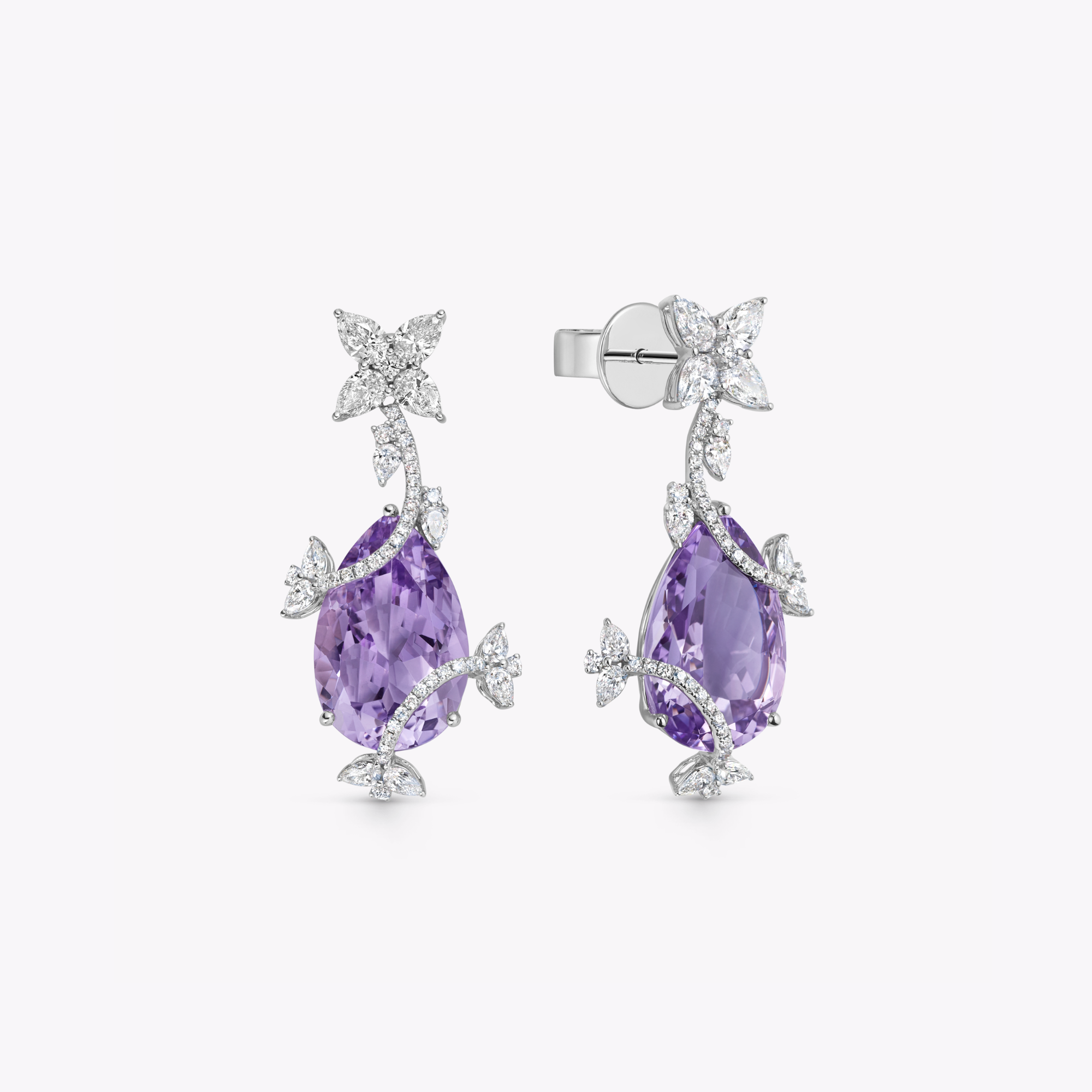 Thorns & Roses Pear Lavender Amethyst and Diamond Vine Wrap Earrings