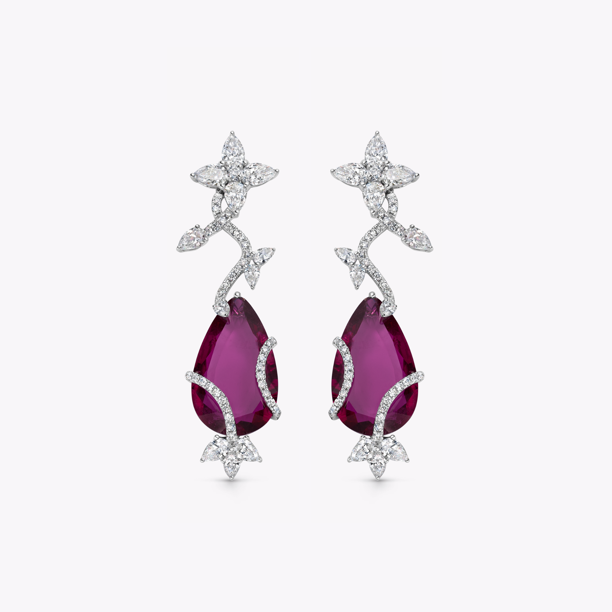 Thorns & Roses Pear Rubellite and Diamond Double Vine Wrap Earrings