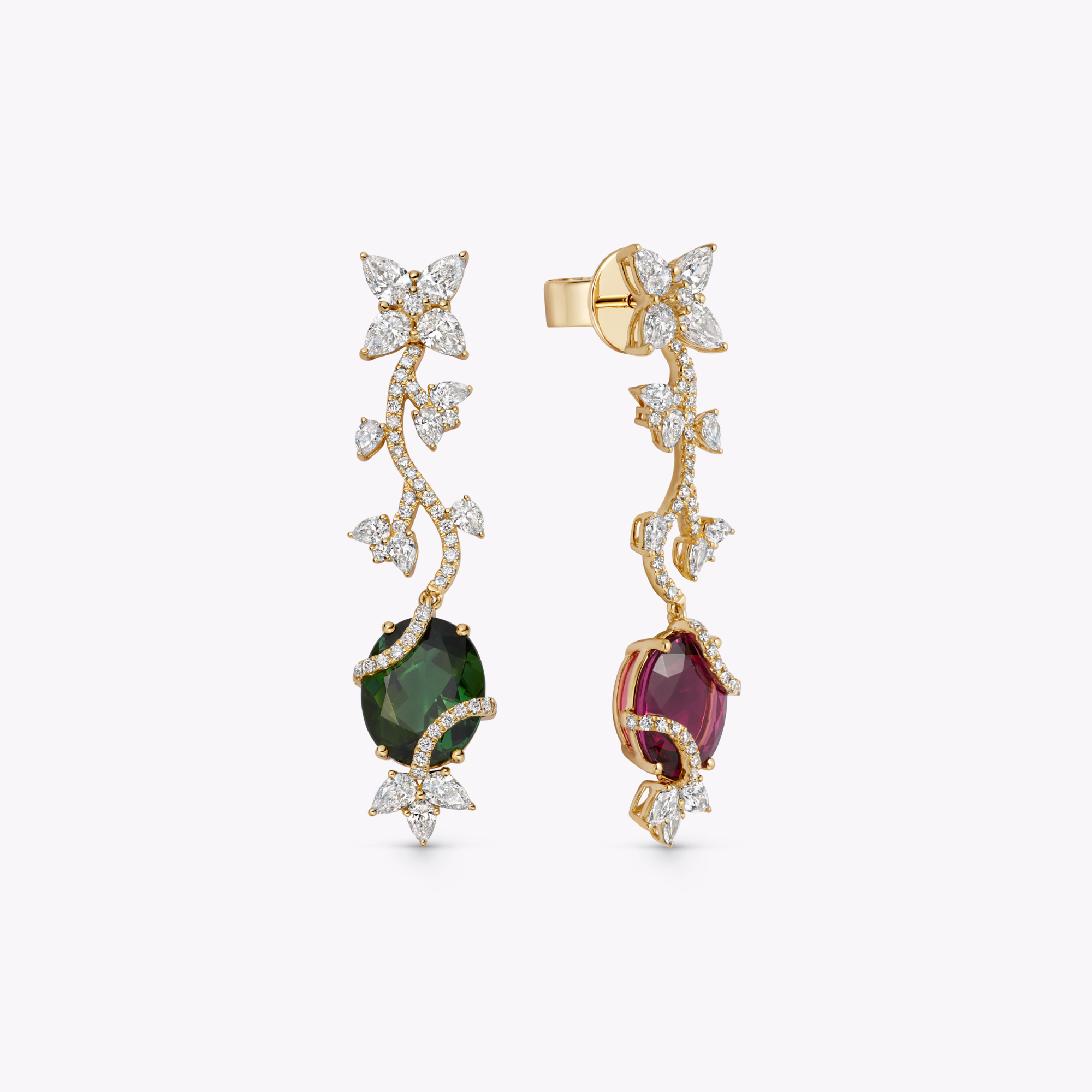 Thorns & Roses Pink and Green Tourmaline and Diamond Vine Earrings
