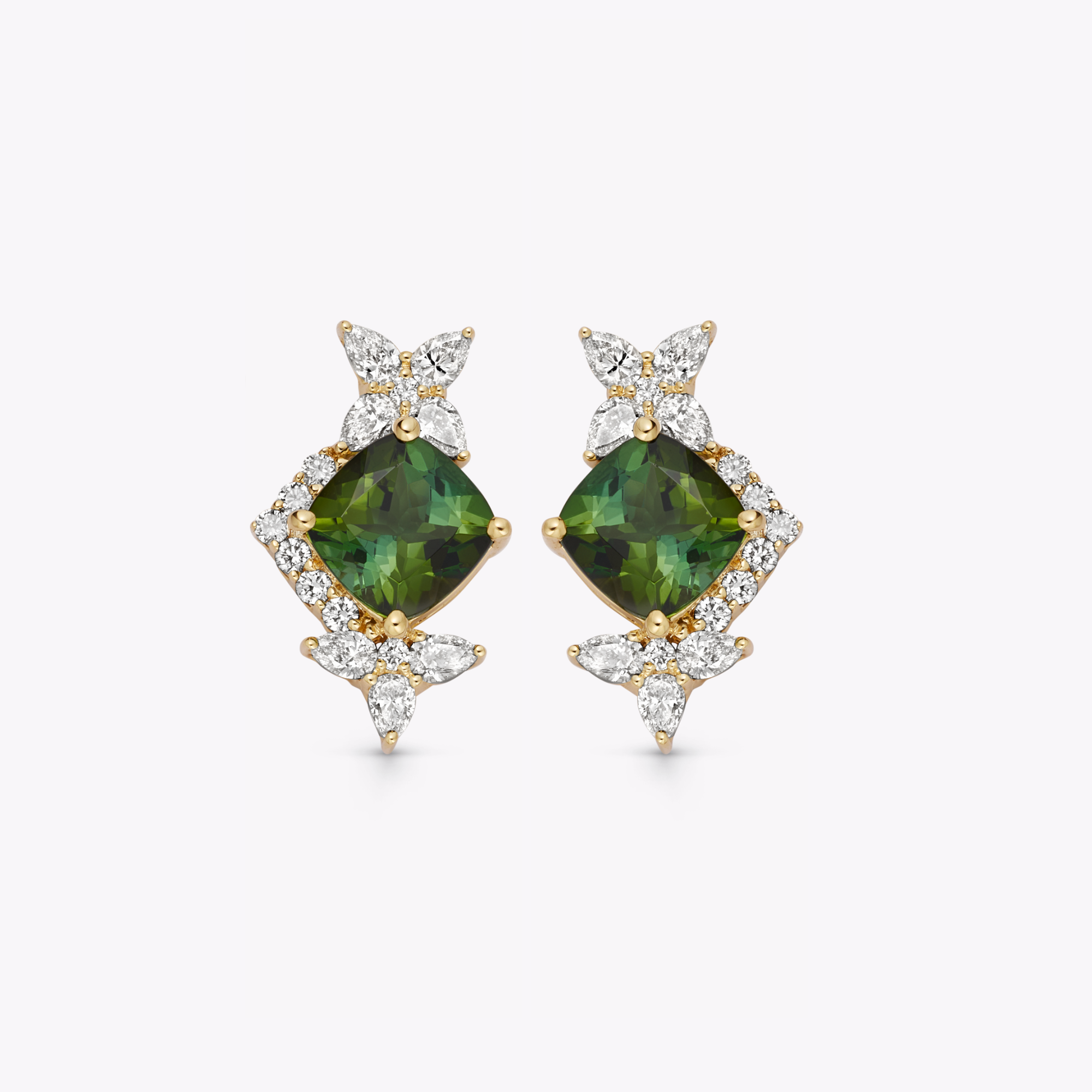 Thorns & Roses Cushion Green Tourmaline and Diamond Stud Earrings