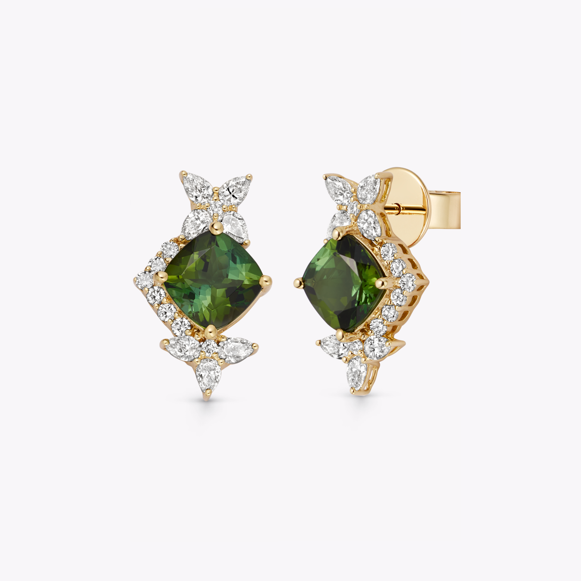 Thorns & Roses Cushion Green Tourmaline and Diamond Stud Earrings