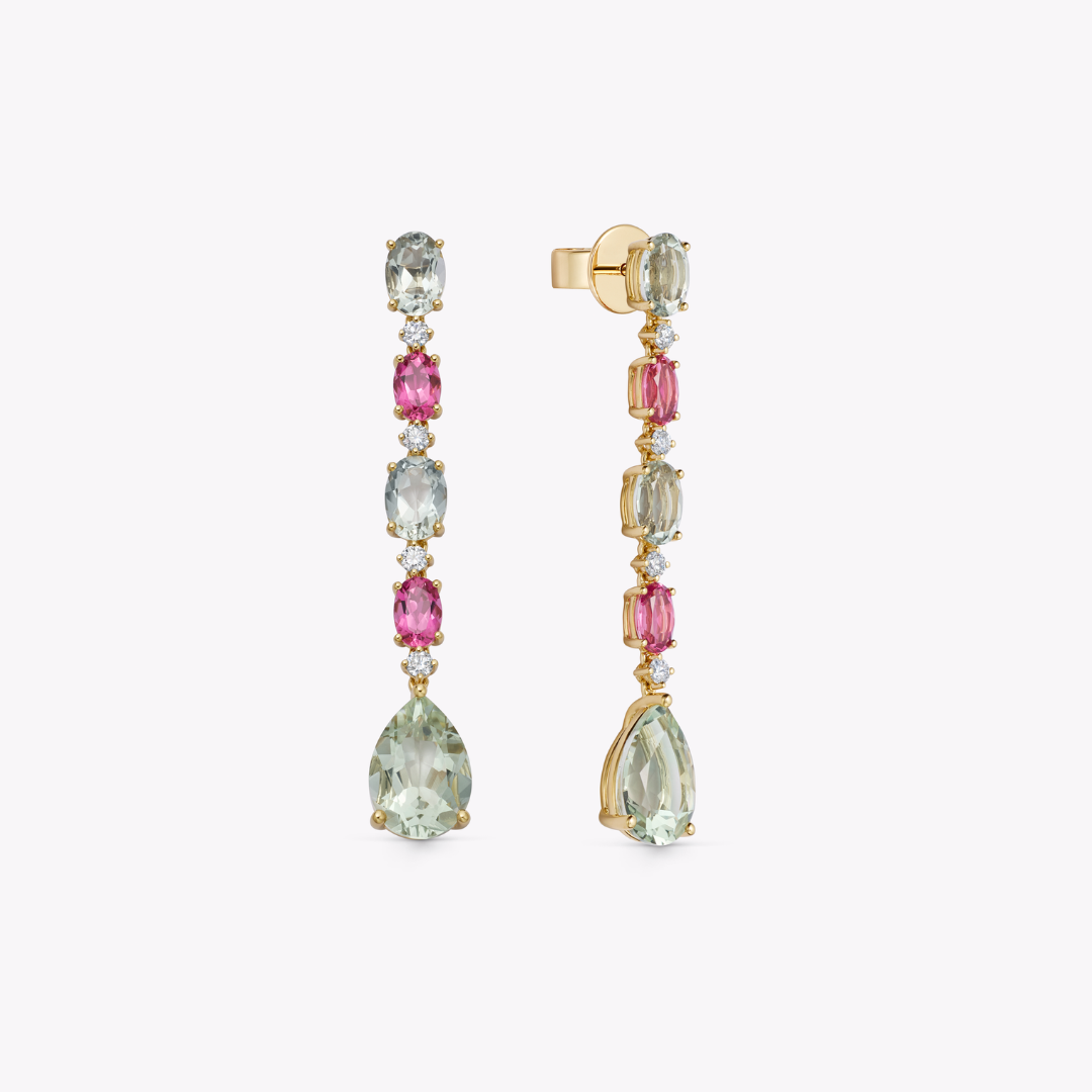Special Editions Pink Topaz, Green Amethyst and Diamond Drop Earrings