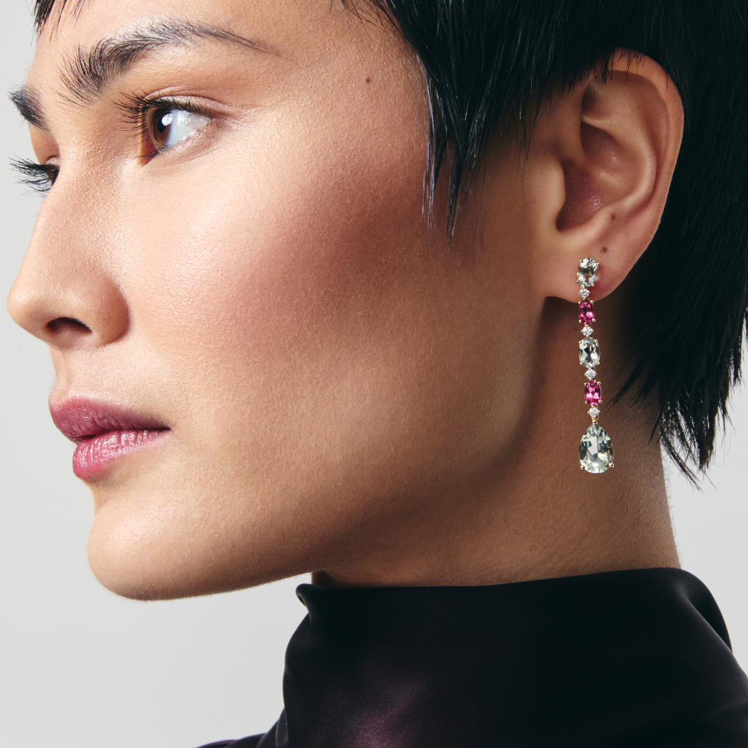 Special Editions Pink Topaz, Green Amethyst and Diamond Drop Earrings
