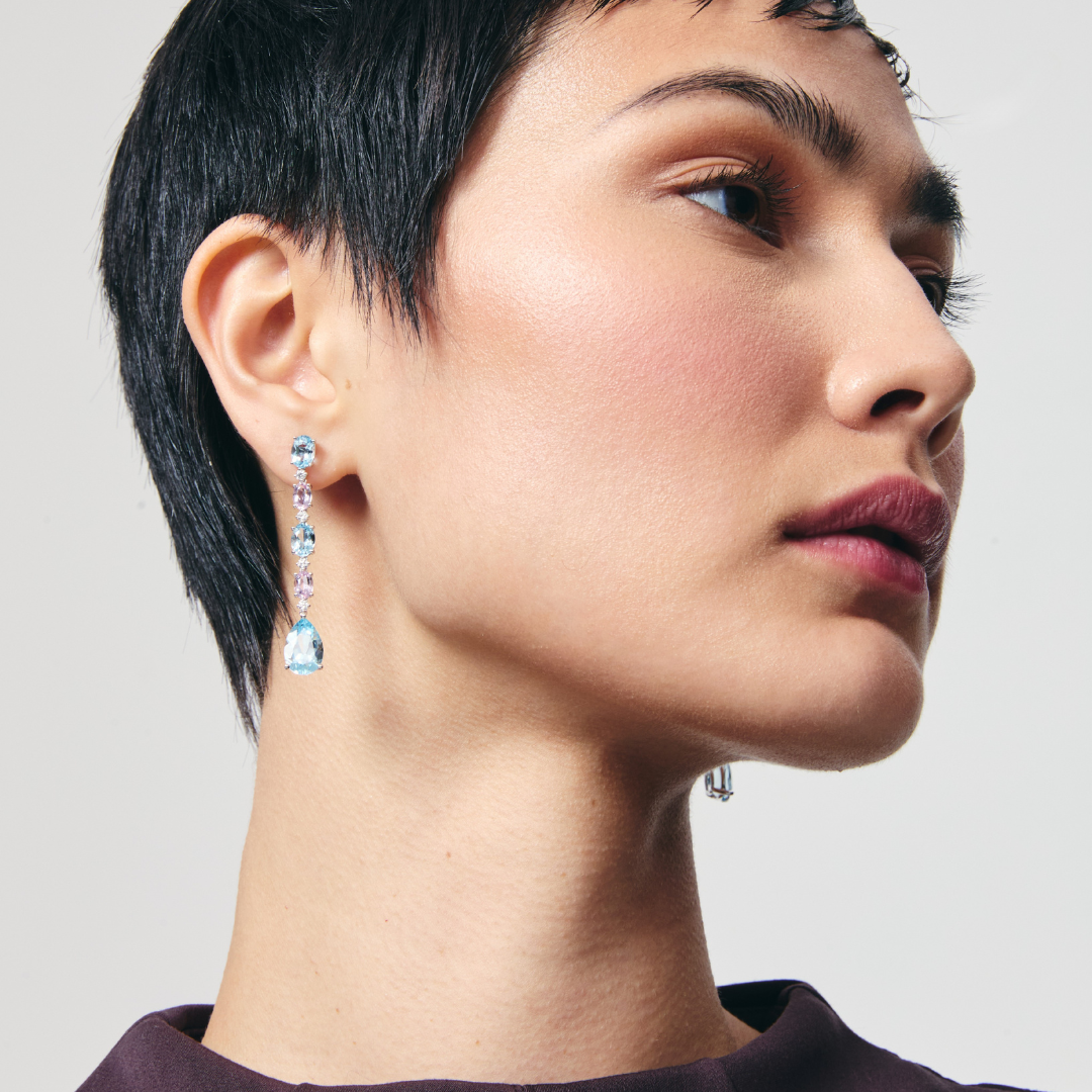 Special Editions Pink Topaz, Blue Topaz and Diamond Drop Earrings