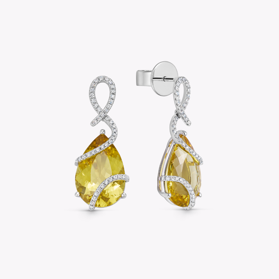 Yellow Beryl and Diamond Curl Earrings