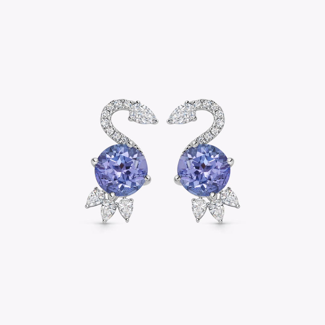 Wings Over Water Round Tanzanite and Diamond Cygnet Stud Earrings