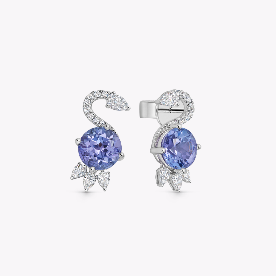 Wings Over Water Round Tanzanite and Diamond Cygnet Stud Earrings