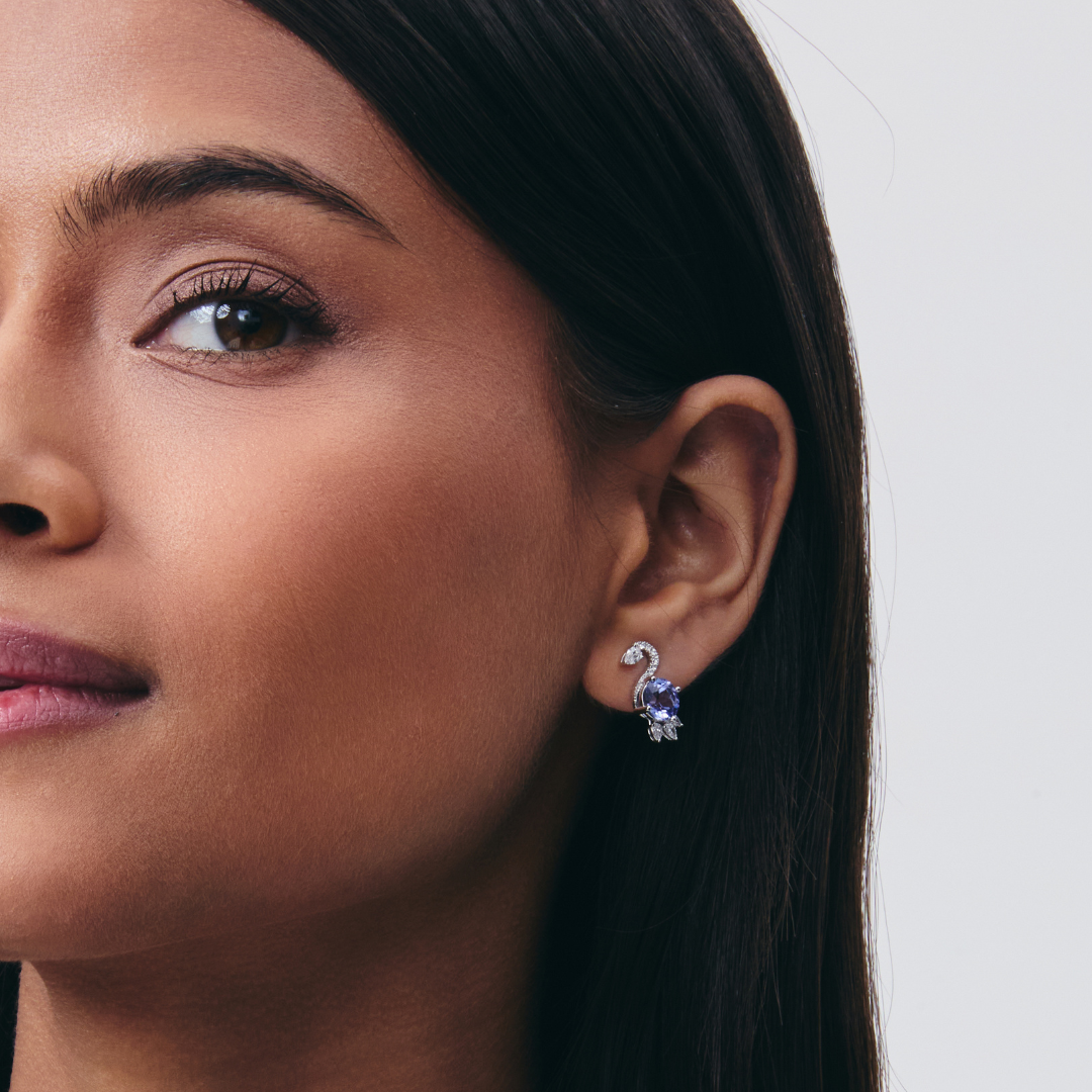 Wings Over Water Round Tanzanite and Diamond Cygnet Stud Earrings