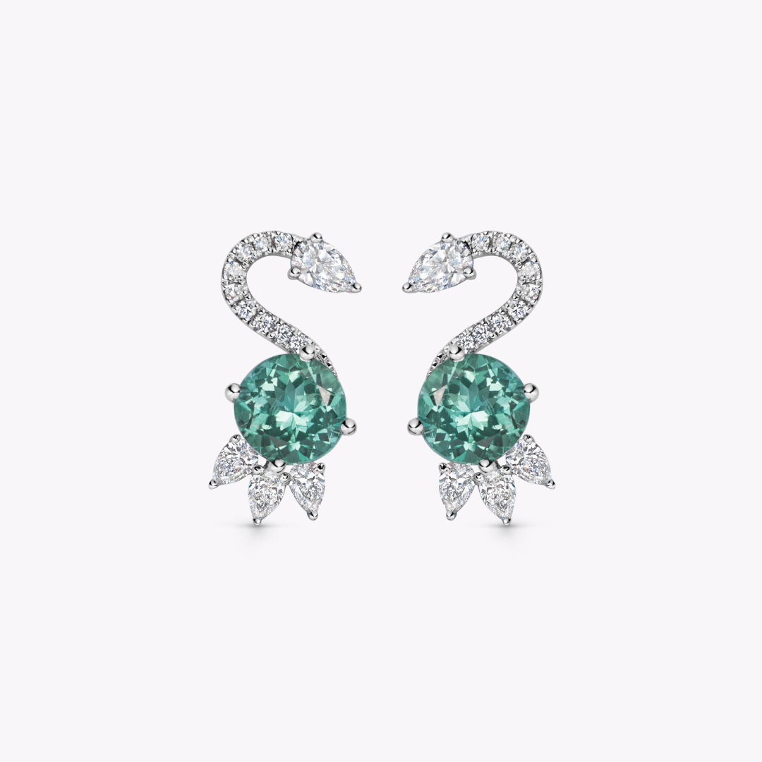 Wings Over Water Round Dark Green Tourmaline and Diamond Cygnet Stud Earrings