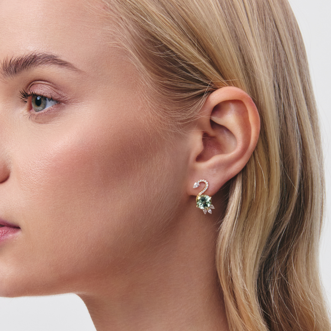 Wings Over Water Round Light Green Tourmaline and Diamond Cygnet Stud Earrings
