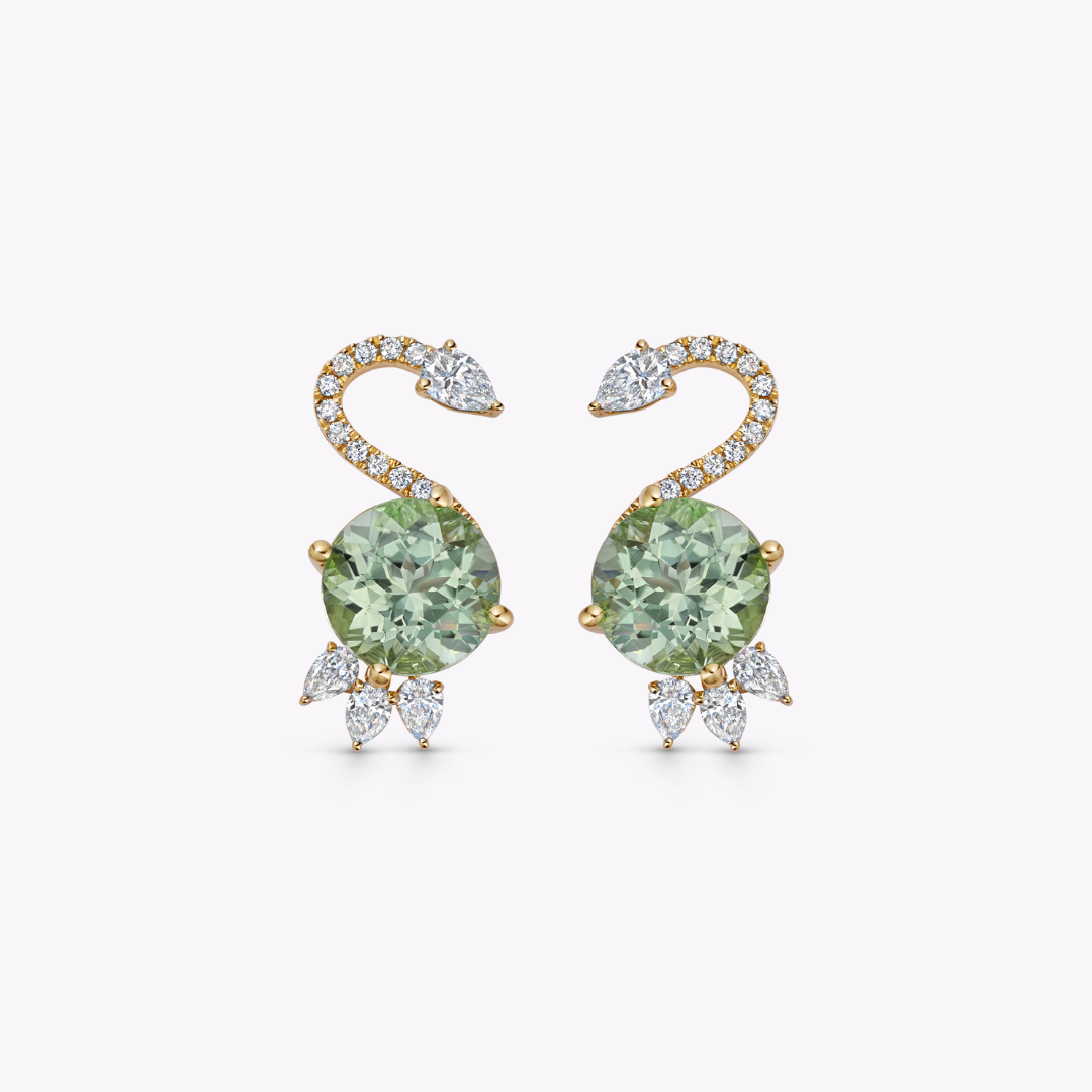 Wings Over Water Round Light Green Tourmaline and Diamond Cygnet Stud Earrings