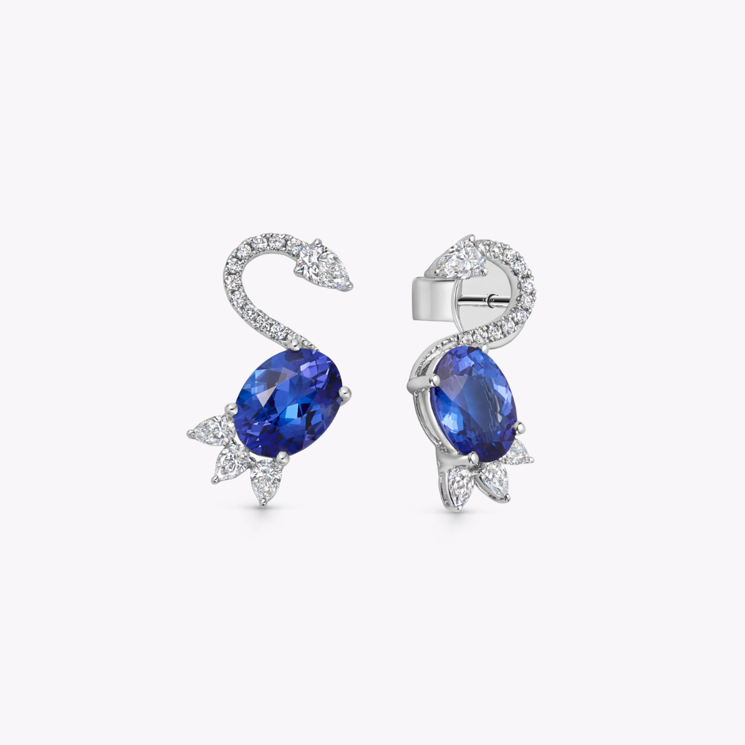 Wings Over Water Oval Tanzanite and Diamond Cygnet Stud Earrings