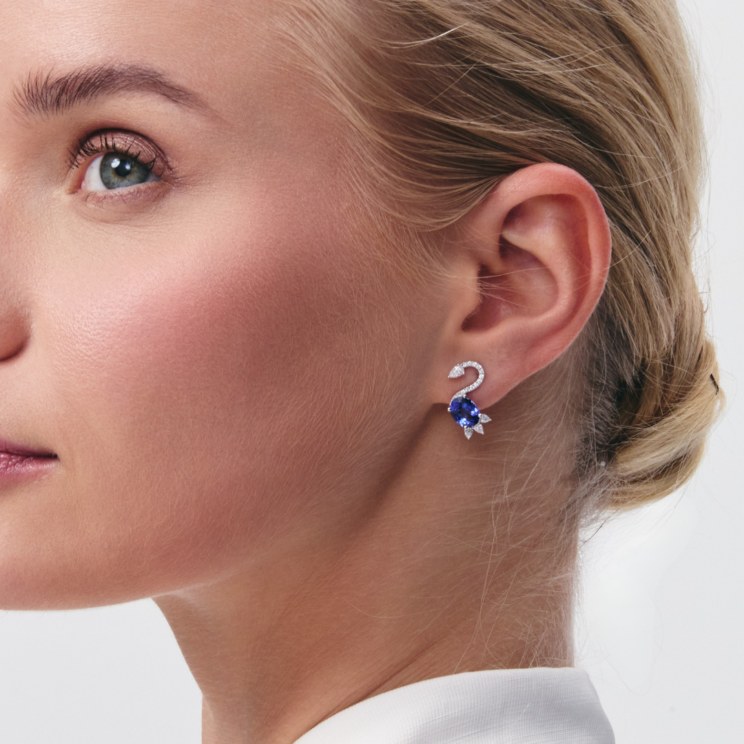 Wings Over Water Oval Tanzanite and Diamond Cygnet Stud Earrings